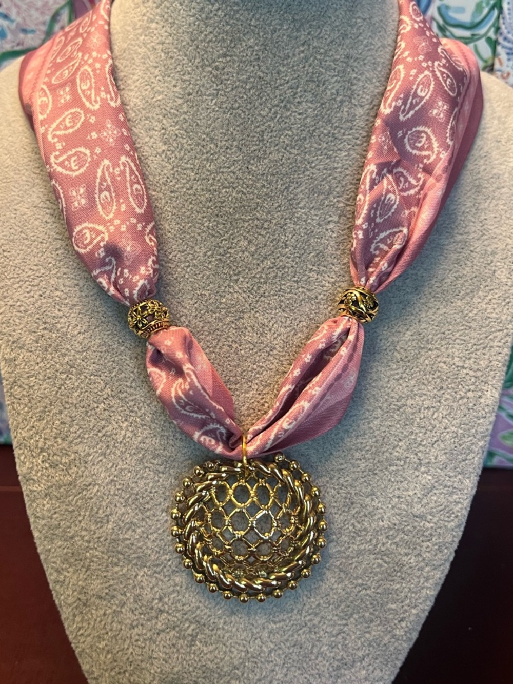 Pink Paisley Scarf Necklace with Gold Pendant - Women Jewelry